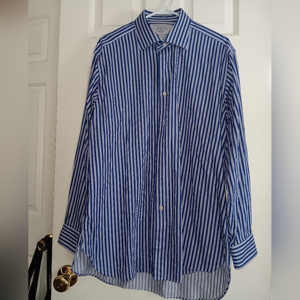 Charles Tyrwhitt Mens Dress Shirt 16.5/35 Large Cornflower Blue Stripe Cotton